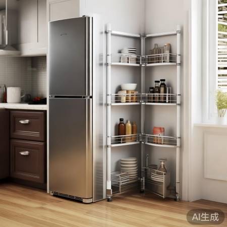 厨房拐角冰箱旁置物架：巧存小物，空间利用翻倍