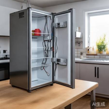 拆卸冰箱门板,小心线路。