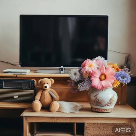 电视机旁摆收音机和小摆件