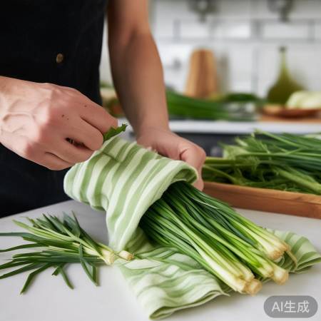 韭菜保鲜法：根部切短，包裹吸水